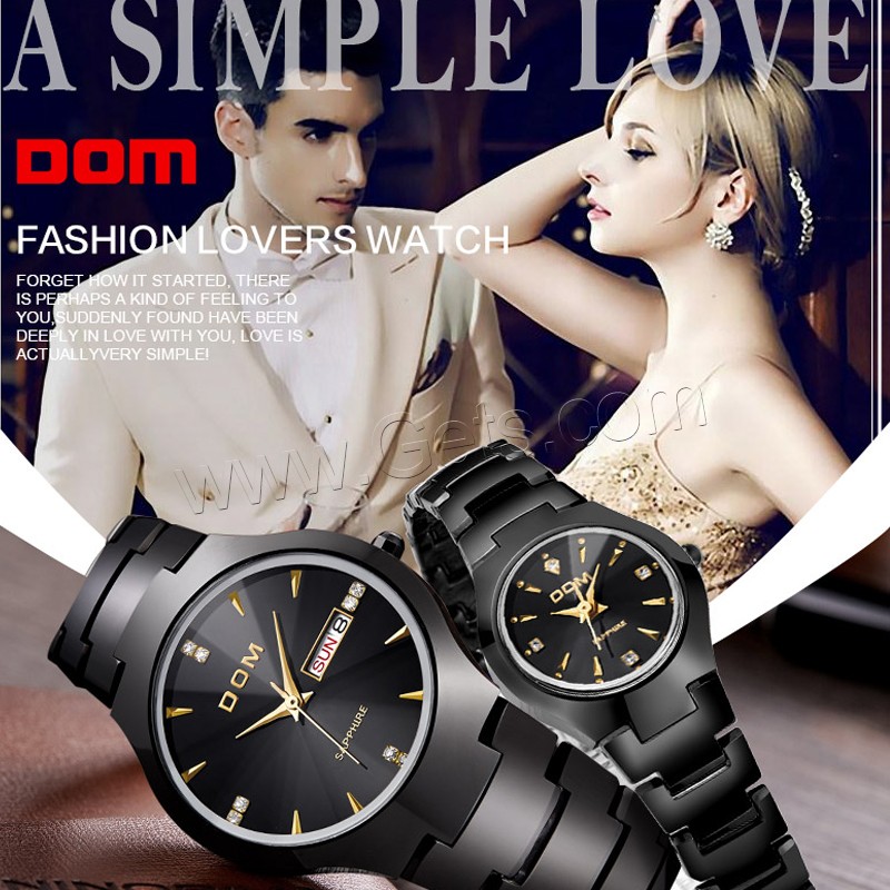 Colección de relojes DOM®, Acero de tungsteno, con Vidrio & acero inoxidable, movimiento japonés, chapado, Resistente al agua de la vida & unisexo & diverso tamaño para la opción & para la pareja & con diamantes de imitación, más colores para la opción, Vendido por UD