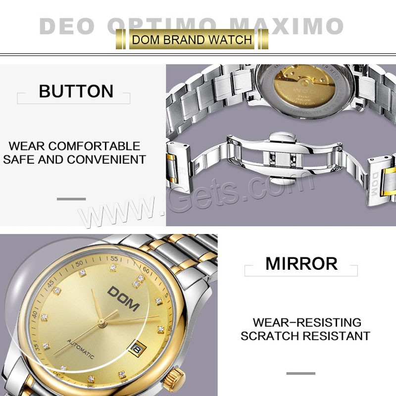 Colección de relojes DOM®, acero inoxidable, con Vidrio, movimiento japonés, chapado, Resistente al agua de la vida & unisexo & diverso tamaño para la opción & para la pareja & con diamantes de imitación, más colores para la opción, Vendido por UD