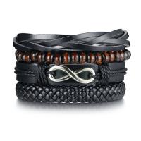 PU Leather Bracelet, with Wood & Zinc Alloy, silver color plated, for man, 8mm, 10mm, 12mm Approx 7 Inch 