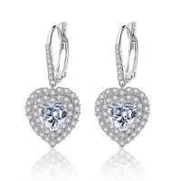 Brass Huggie Hoop Drop Earring, Heart, platinum plated, micro pave cubic zirconia 