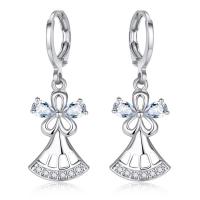 Brass Huggie Hoop Drop Earring, Flower, platinum plated, for woman & with cubic zirconia 