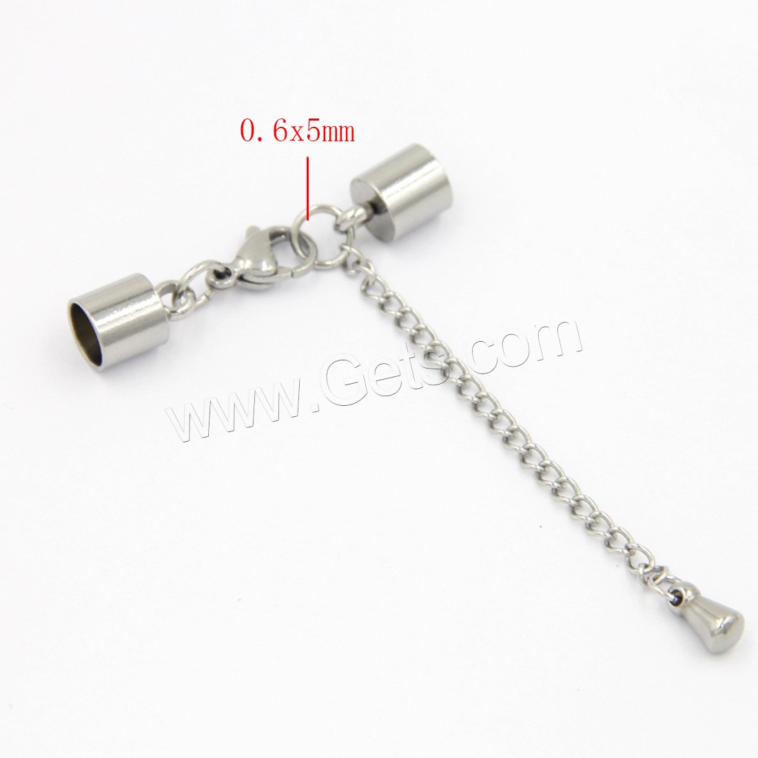 Stainless Steel Lobster Claw Cord Clasp, different size for choice & with end cap, original color, 0.6x5mm, Length:Approx 2 Inch, 100PCs/Lot, Sold By Lot