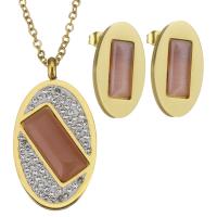 Edelstahl Mode Schmuckset, Ohrring & Halskette, mit Ton & Katzenauge, flachoval, goldfarben plattiert, Oval-Kette & für Frau, 21x38mm, 2mm, 12x21mm, Länge:17 , verkauft von setzen