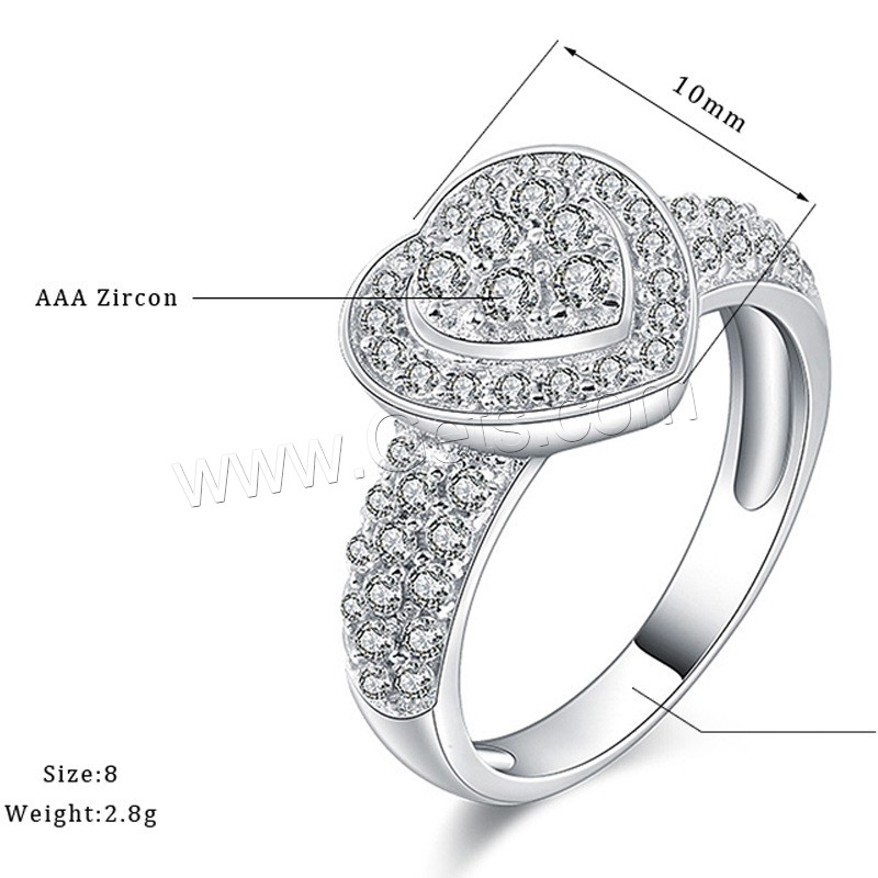 Befestigter Zirkonia Messingring Fingerring, Messing, Herz, platiniert, verschiedene Größen vorhanden & Micro pave Zirkonia & für Frau, 10mm, verkauft von PC