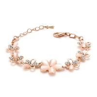 alliage de zinc bracelet, avec Oeil de chat, avec 4cm chaînes de rallonge, fleur, Placage de couleur d'or, pour femme & avec strass, sans plomb et cadmium, 16mm Environ 5 pouce, Vendu par brin