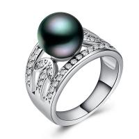 Pearl Brass Finger Ring, with Freshwater Pearl, real silver plated & for woman & with rhinestone, 10mm 