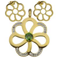 Rhinestone Edelstahl Schmuck Set, Anhänger & Ohrring, mit Ton, Blume, goldfarben plattiert, für Frau, 36x43mm, 17.5x17.5mm, Bohrung:ca. 6mm, verkauft von setzen