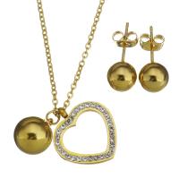 Edelstahl Mode Schmuckset, Ohrring & Halskette, mit Ton, Herz, goldfarben plattiert, Oval-Kette & für Frau, 17x19mm, 10x13mm, 1.5mm, 8mm, Länge:ca. 17 ZollInch, verkauft von setzen