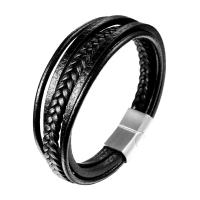 Cuir bracelet, avec acier inoxydable, unisexe & à fils multiples, noire Environ 8.3 pouce, Vendu par brin