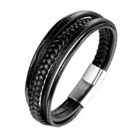 Cuir bracelet, avec acier inoxydable, unisexe & à fils multiples, noire Environ 8.3 pouce, Vendu par brin