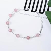 plata de ley 925 Pulsera, con Strawberry cuarzo, con 1.18lnch extender cadena, chapado en platina real, cadena oval & cadena de caja & para mujer & 2-sarta, 6mm, longitud:aproximado 5.9 Inch, Vendido por Sarta