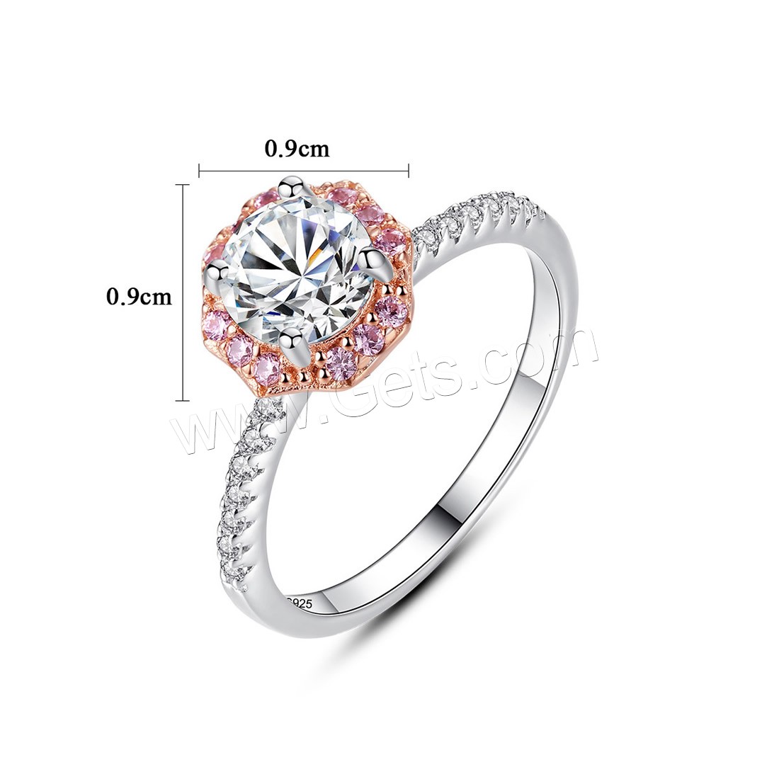 Anneau de cuivre de Zircon, laiton, fleur, Placage, normes différentes pour le choix & pour femme & avec zircone cubique, protéger l'environnement, sans nickel, plomb et cadmium, 9x9mm, Vendu par PC