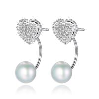 Brass Split Earring, with Freshwater Pearl, Heart, platinum plated, detachable & micro pave cubic zirconia & for woman nickel, lead & cadmium free 