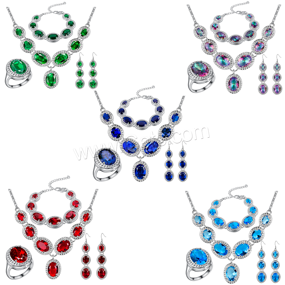 Brass Jewelry Set, finger ring & bracelet & earring & necklace, with Crystal, with 1.18inch extender chain, silver color plated, different size for choice & oval chain & for woman & faceted, more colors for choice, 16x70mm, Length:Approx 17.7 Inch, Approx  8.26 Inch, Sold By Set