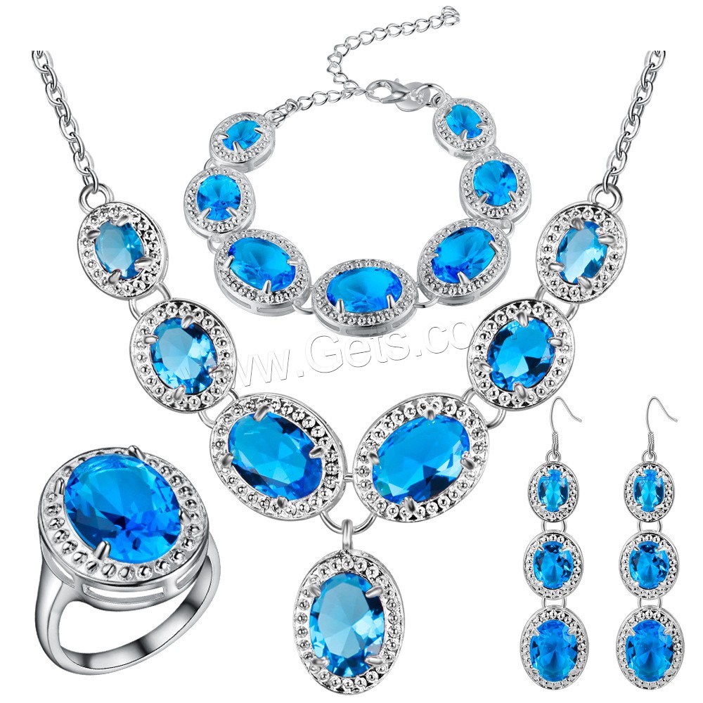 Brass Jewelry Set, finger ring & bracelet & earring & necklace, with Crystal, with 1.18inch extender chain, silver color plated, different size for choice & oval chain & for woman & faceted, more colors for choice, 16x70mm, Length:Approx 17.7 Inch, Approx  8.26 Inch, Sold By Set