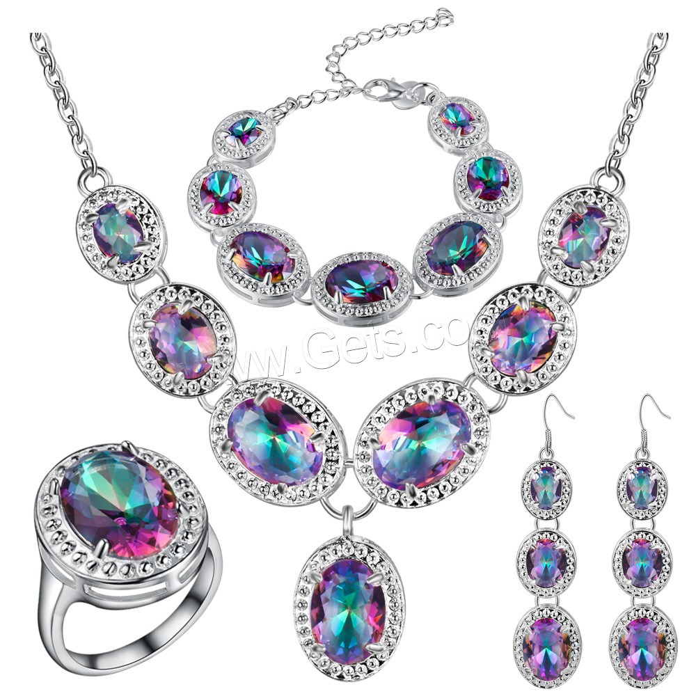 Brass Jewelry Set, finger ring & bracelet & earring & necklace, with Crystal, with 1.18inch extender chain, silver color plated, different size for choice & oval chain & for woman & faceted, more colors for choice, 16x70mm, Length:Approx 17.7 Inch, Approx  8.26 Inch, Sold By Set