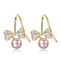 Boucles d'oreilles d'eau douce de Perle , laiton, avec perle d'eau douce cultivée, Noeud papillon, Placage, pavé de micro zircon & pour femme, plus de couleurs à choisir, protéger l'environnement, sans nickel, plomb et cadmium Vendu par paire