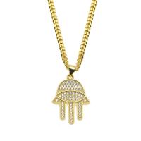 Brass Sweater Kette Halskette, Messing, Hamsa, goldfarben plattiert, unisex & Kandare Kette & Micro pave Zirkonia, 18x32mm, 3mm, Länge:ca. 24 ZollInch, verkauft von Strang