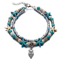 Turquesa sintético pulsera tobillera, con Rocallas de vidrio & aleación de zinc, con 2inch extender cadena, Búho, chapado en color de plata antigua, Doble capa & para mujer, longitud:aproximado 9 Inch, Vendido por Sarta