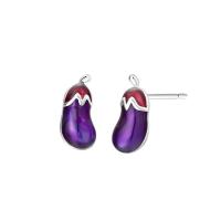 Brass Stud Earring, Eggplant, real silver plated, for woman & enamel, nickel, lead & cadmium free 