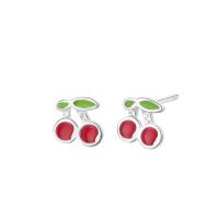 Brass Stud Earring, Cherry, real silver plated, for woman & enamel, nickel, lead & cadmium free 