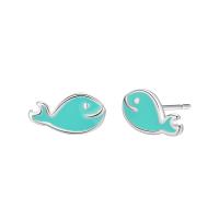 Brass Stud Earring, Dolphin, real silver plated, for woman & enamel, nickel, lead & cadmium free, 8-12mm 