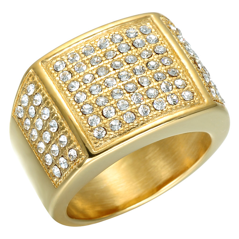 Titanium Steel Finger Ring, gold color plated, different size for choice & for man & with rhinestone, 15mm, Sold By PC