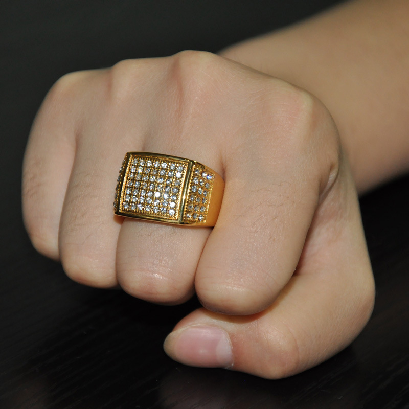 Titanium Steel Finger Ring, gold color plated, different size for choice & for man & with rhinestone, 15mm, Sold By PC