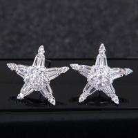 Brass Stud Earring, Star, platinum plated, for woman & with cubic zirconia, nickel, lead & cadmium free, 14mm 