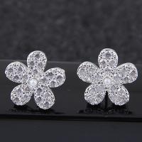 Brass Stud Earring, with ABS Plastic Pearl, Flower, platinum plated, micro pave cubic zirconia & for woman, nickel, lead & cadmium free, 10mm 