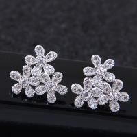 Brass Stud Earring, Flower, platinum plated, micro pave cubic zirconia & for woman, nickel, lead & cadmium free, 15mm 