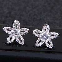 Brass Stud Earring, Flower, platinum plated, for woman & with cubic zirconia, nickel, lead & cadmium free, 13mm 