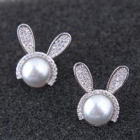 Brass Stud Earring, with ABS Plastic Pearl, Rabbit, platinum plated, micro pave cubic zirconia & for woman, nickel, lead & cadmium free 