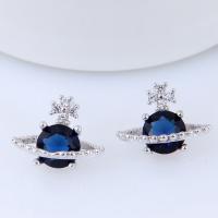 Brass Stud Earring, platinum plated, for woman & with cubic zirconia, blue, nickel, lead & cadmium free 