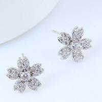 Brass Stud Earring, Flower, platinum plated, for woman & with cubic zirconia, red, nickel, lead & cadmium free, 10mm 