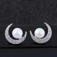 Brass Stud Earring, with ABS Plastic Pearl, Moon, platinum plated, micro pave cubic zirconia & for woman, nickel, lead & cadmium free, 11mm 