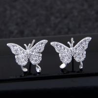 Brass Stud Earring, Butterfly, platinum plated, micro pave cubic zirconia & for woman, nickel, lead & cadmium free, 12mm 