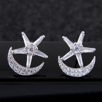 Brass Stud Earring, Moon and Star, platinum plated, for woman & with cubic zirconia, nickel, lead & cadmium free 