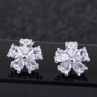 Brass Stud Earring, Flower, platinum plated, for woman & with cubic zirconia, nickel, lead & cadmium free, 10mm 