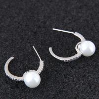 Brass Stud Earring, with ABS Plastic Pearl, platinum plated, micro pave cubic zirconia & for woman, nickel, lead & cadmium free 