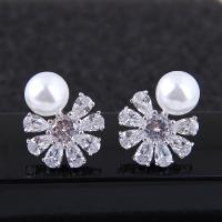 Brass Stud Earring, with ABS Plastic Pearl, Flower, platinum plated, for woman & with cubic zirconia, nickel, lead & cadmium free 