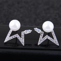 Brass Stud Earring, with ABS Plastic Pearl, platinum plated, for woman & with cubic zirconia, nickel, lead & cadmium free, 14mm 