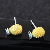 Brass Stud Earring, Pineapple, platinum plated, for woman & enamel, yellow, nickel, lead & cadmium free 