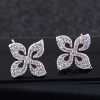 Brass Stud Earring, Flower, platinum plated, micro pave cubic zirconia & for woman, nickel, lead & cadmium free, 13mm 