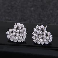 Brass Stud Earring, Heart, platinum plated, micro pave cubic zirconia & for woman, nickel, lead & cadmium free, 12mm 