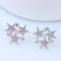 Brass Stud Earring, Star, platinum plated, micro pave cubic zirconia & for woman, nickel, lead & cadmium free, 13mm 