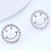 Brass Stud Earring, Smiling Face, platinum plated, micro pave cubic zirconia & for woman, nickel, lead & cadmium free, 11mm 