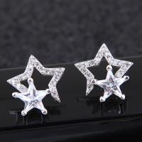 Brass Stud Earring, Star, platinum plated, for woman & with cubic zirconia, nickel, lead & cadmium free, 12mm 