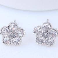 Brass Stud Earring, Flower, platinum plated, for woman & with cubic zirconia, nickel, lead & cadmium free, 10mm 