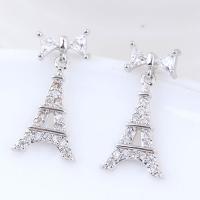 Boucles d'oreilles en laiton zircon cubique, Tour Eiffel, Plaqué de platine, pour femme & avec zircone cubique, protéger l'environnement, sans nickel, plomb et cadmium Vendu par paire